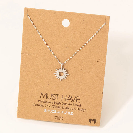 Rhodium Plated Dainty Sun Pendant Necklace 16 + 2 Inches in Length