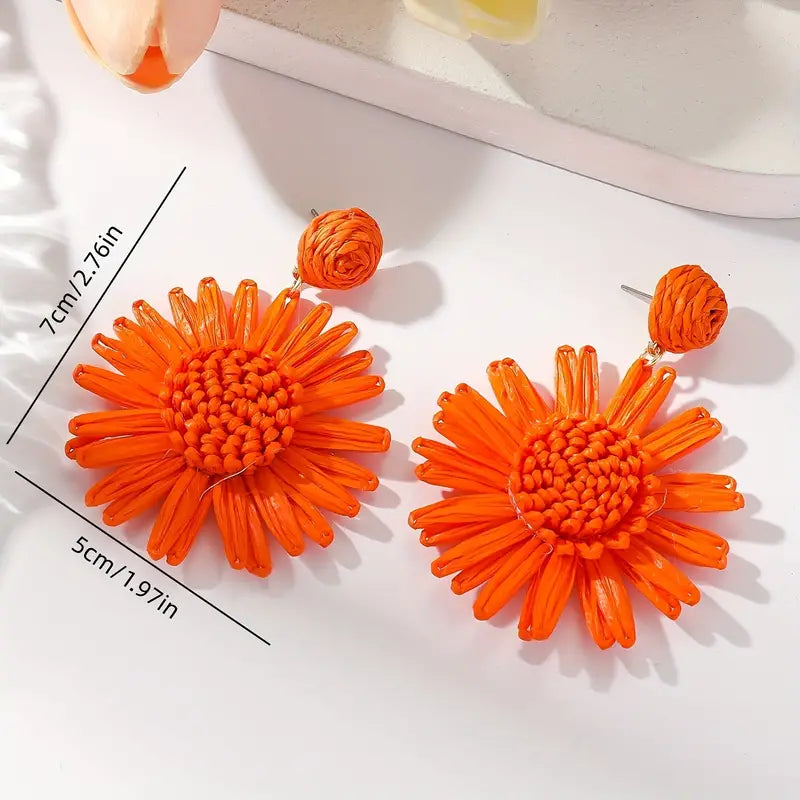 Orange Raffia Sunflower Dangle Earrings