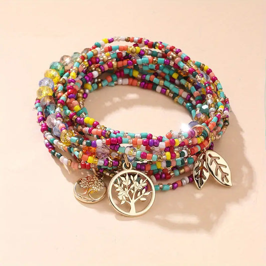 Polychrome Beaded Stacked Bracelet Set with Tree and Leaf Gold Pendants 