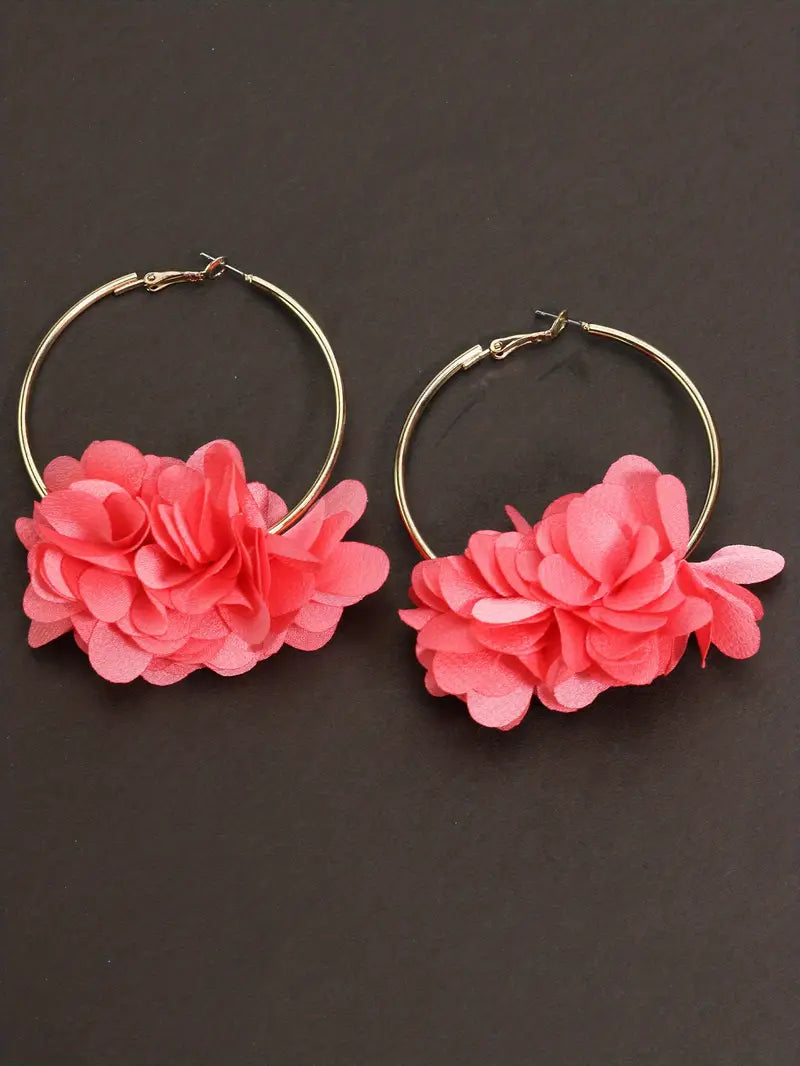 Gold Flower Hoop Earrings with Pink Flowers 