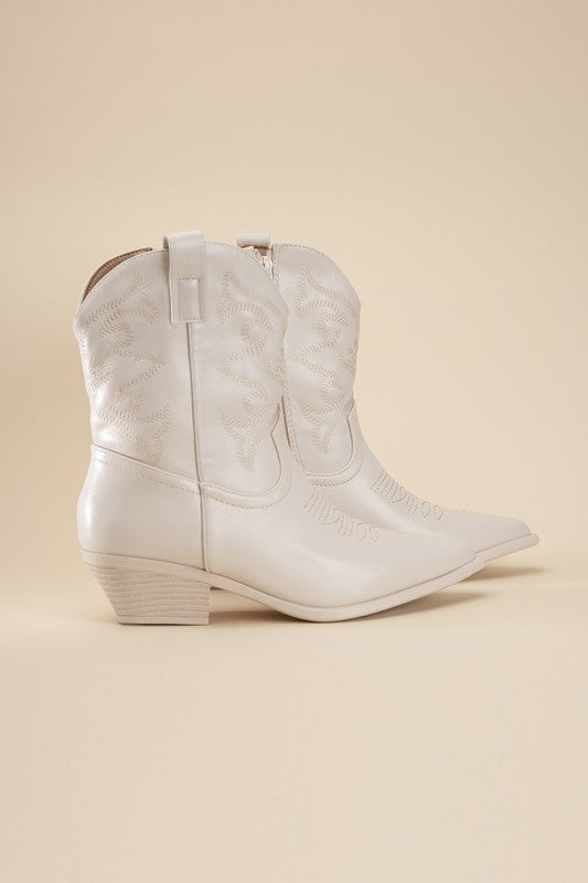 Ivory Western Booties Tapered Toe and Block Heel