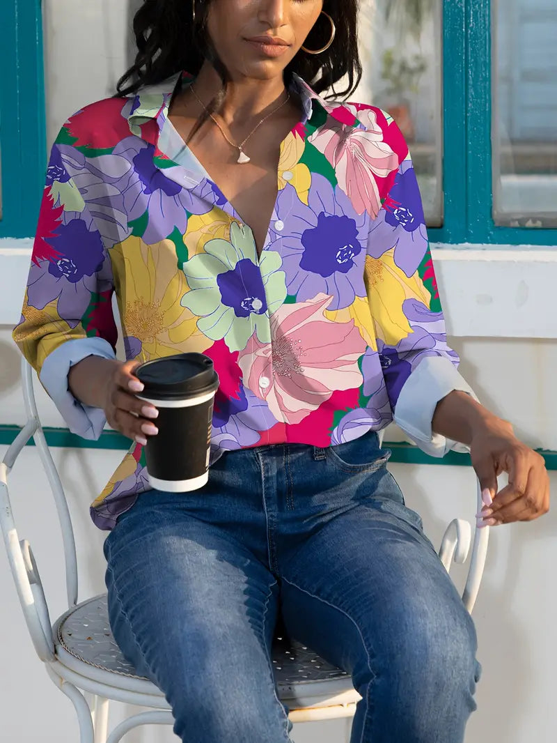Hot Pink Floral Button-Down Blouse