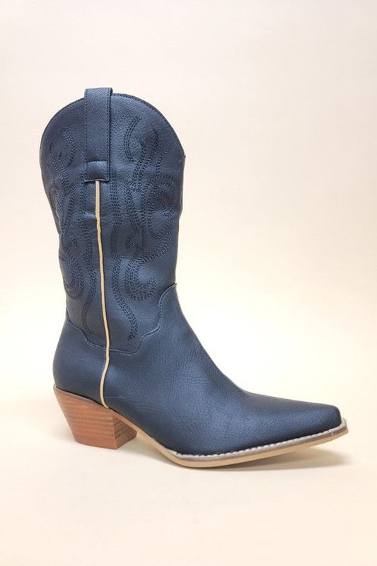 Blue/Tan Western Boots Imitation Leather Shaft Height 10.5" and Heel Height 2"