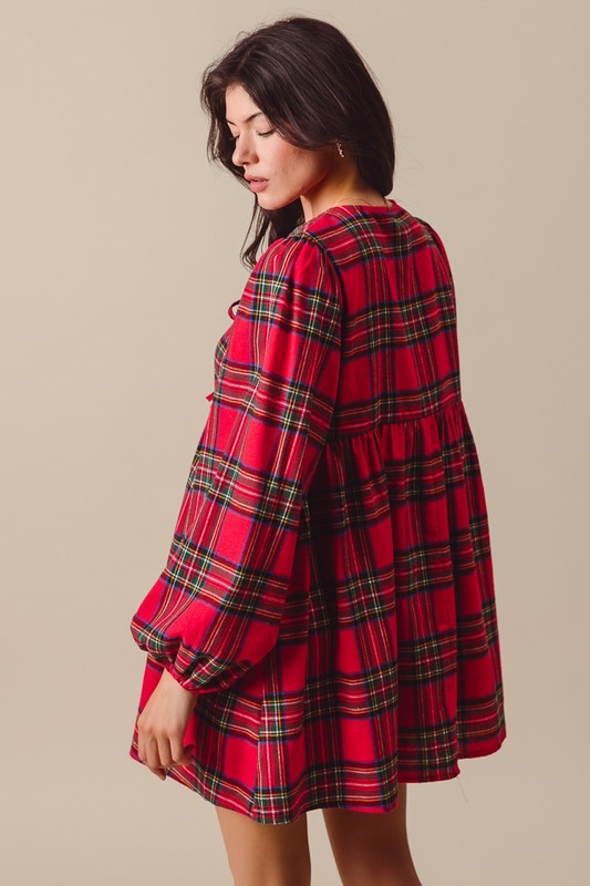 Long Sleeve Red Plaid Mini Dress with Tie Closures in the Front
