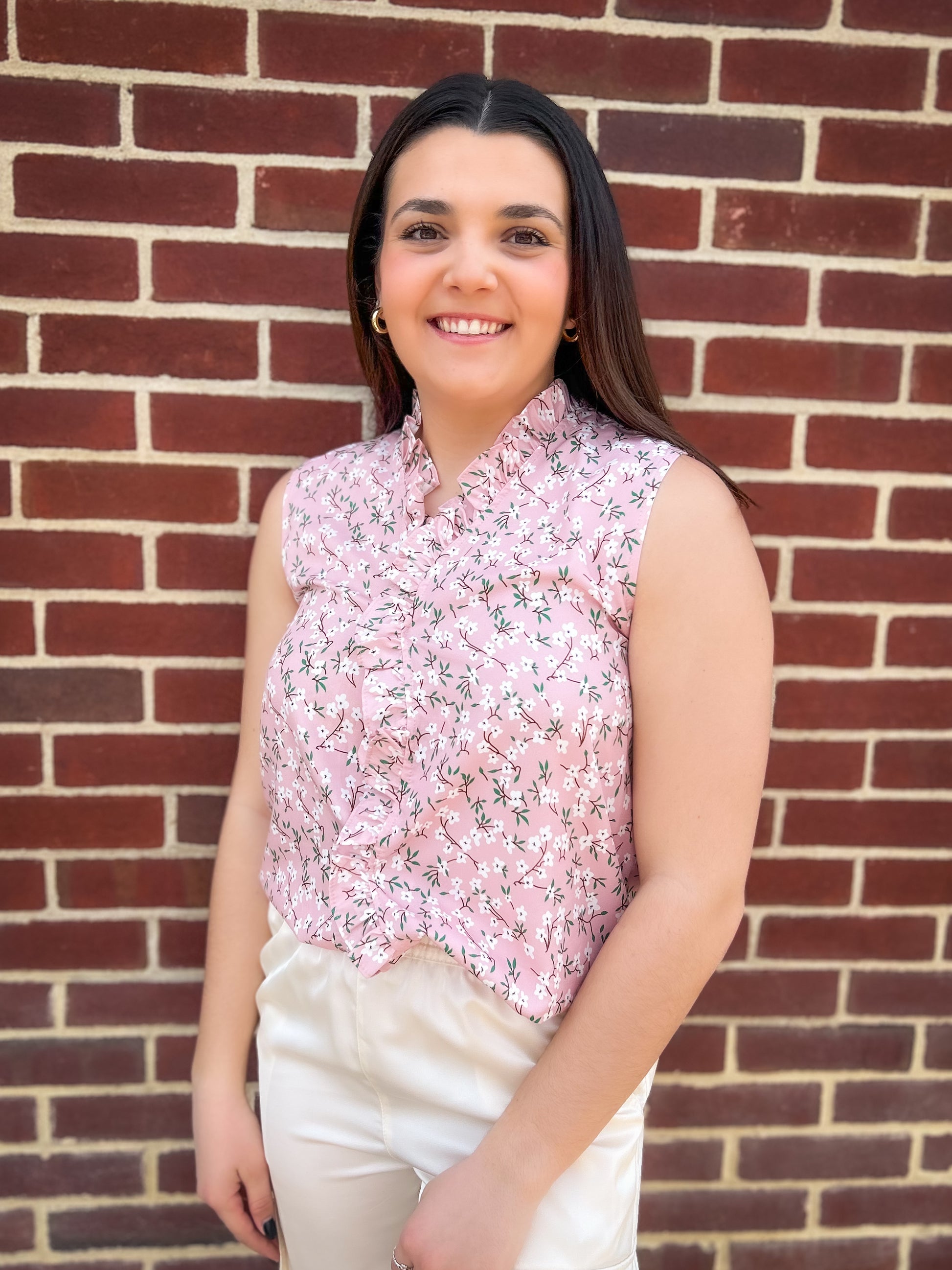 Pink Floral Sleeveless Top with Ruffle Detail