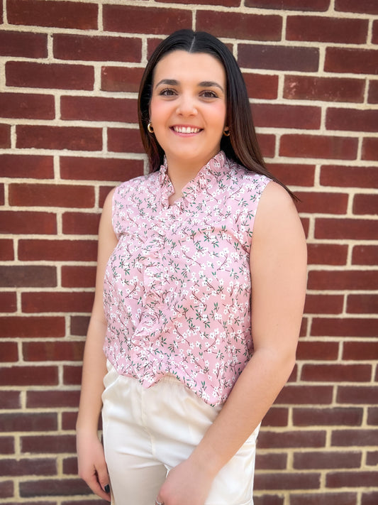 Pink Floral Sleeveless Top with Ruffle Detail