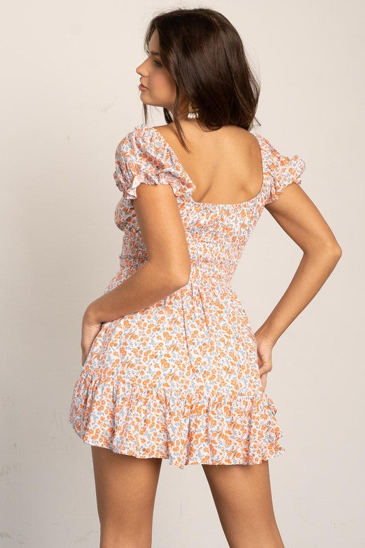 Orange Floral Mini Dress with Puff Sleeves, Square Neckline, and Smocked Bodice