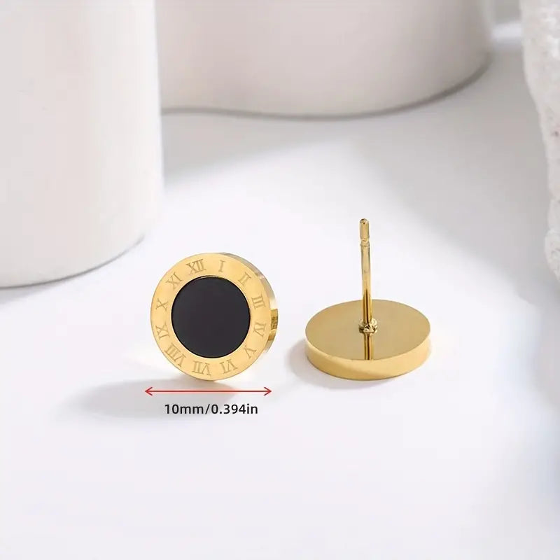 2 Piece Retro Titanium Stud Roman Numeral and Sea Shell Earrings Gold and Black