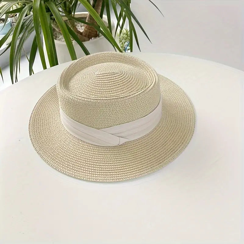 Beige French Panama Sun Hat with Wide Ribbon Detail