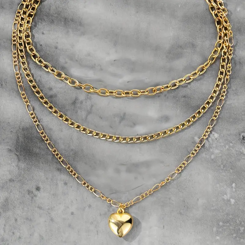 Gold Heart Pendant Clavicle Chain Minimalist Necklace 3 Layer Stacking