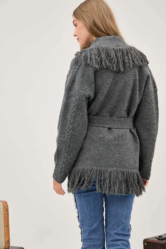 Grey Fringe Tie Belt Knit Cardigan 