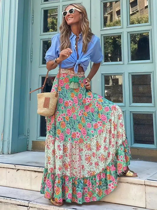 Boho Floral Maxi Skirt with Ties