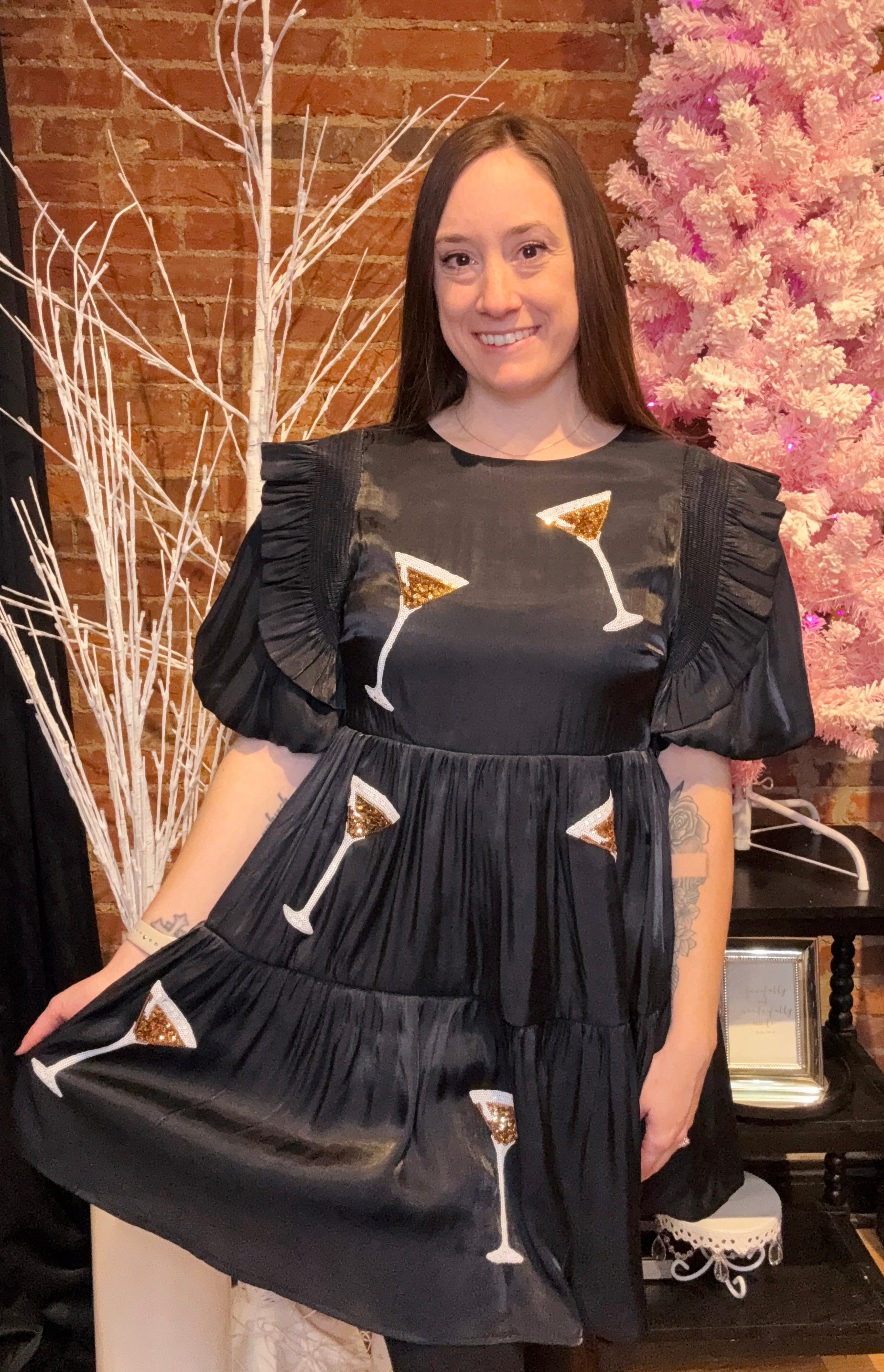 Black Mini Dress with Ruffled Puff Sleeves and Sequin Martini Glasses