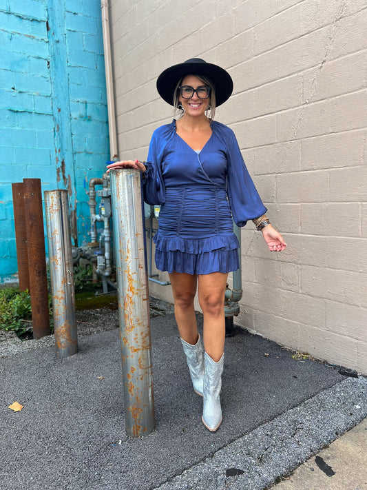 GLAM Ruffled Shirred Steel Blue Dress