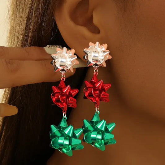 Red White and Green Christmas Bow Earrings