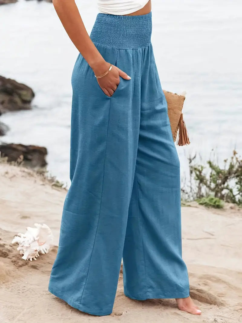 Sea Blue Wide Leg Linen Pants with Pockets