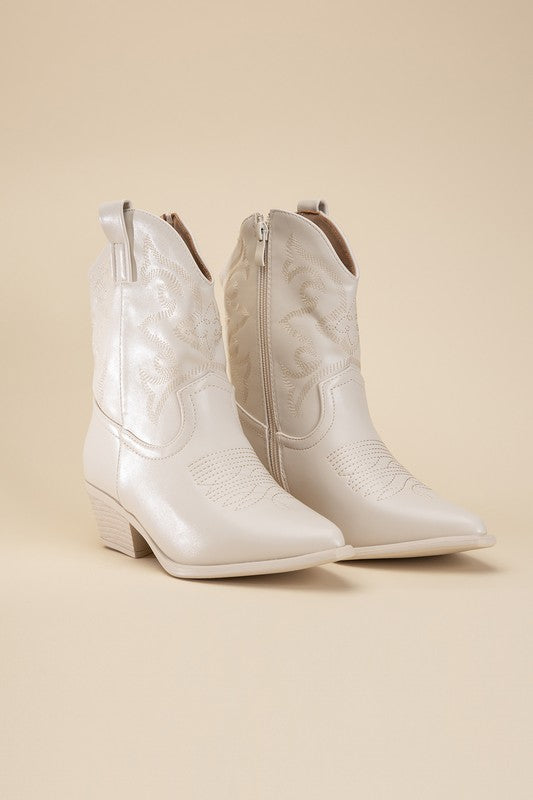 Ivory Western Booties Tapered Toe and Block Heel