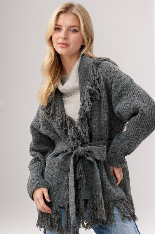 Grey Fringe Tie Belt Knit Cardigan 