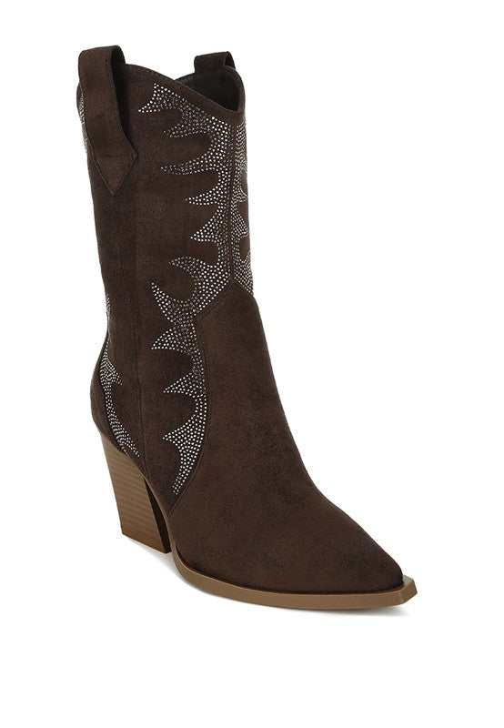 Black cowboy boot with decorative pattern on a white background