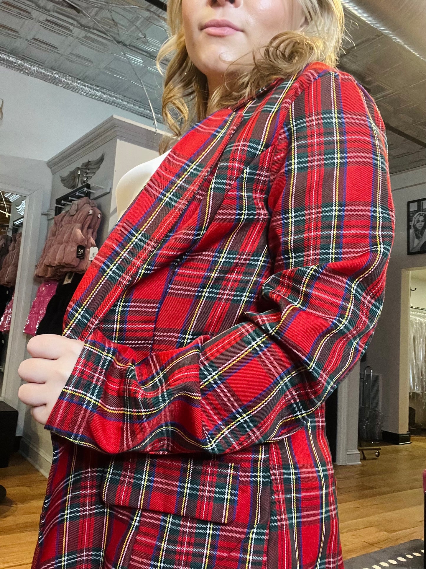 Red Plaid Long Sleeve Blazer