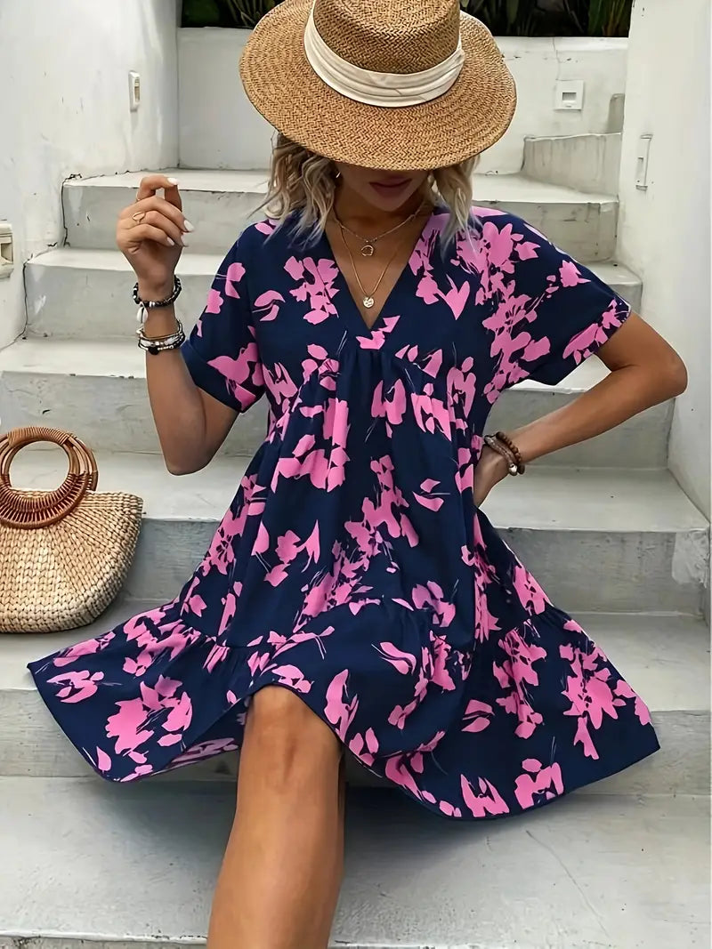 Navy and Pink Floral Short Sleeve Babydoll Mini Dress with V-Neckline 