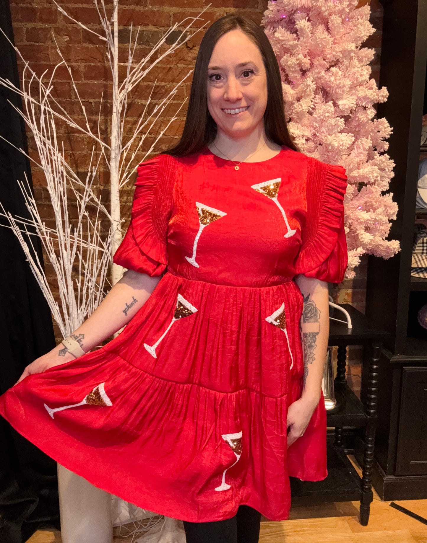 Red Mini Dress with Ruffled Puff Sleeves and Sequin Martini Glasses