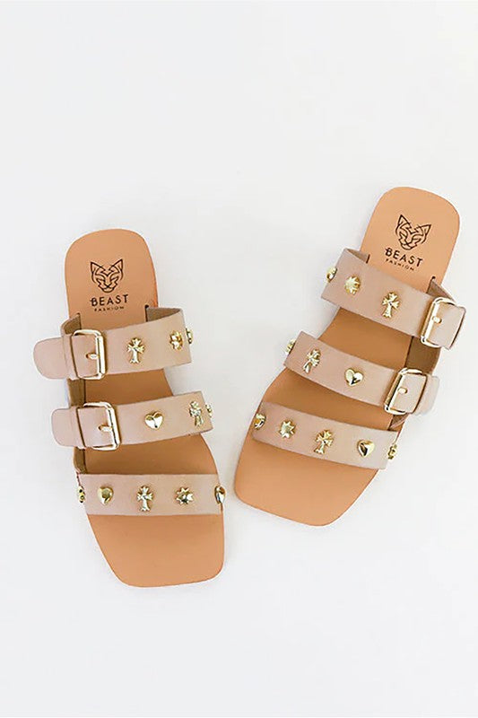 Nude Double Buckle Studded Flats