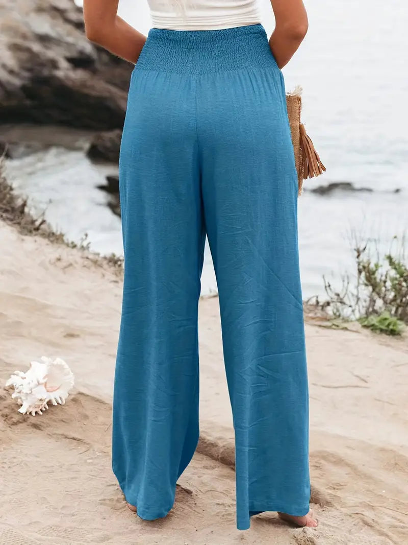 Sea Blue Wide Leg Linen Pants with Pockets
