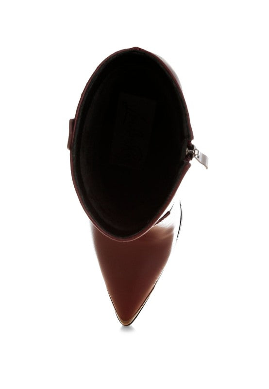 Brown pointed-toe boot with a white background