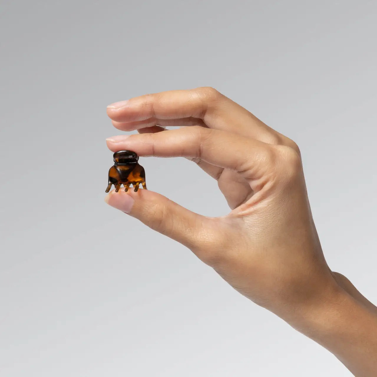 Hand holding a small brown object against a gray background