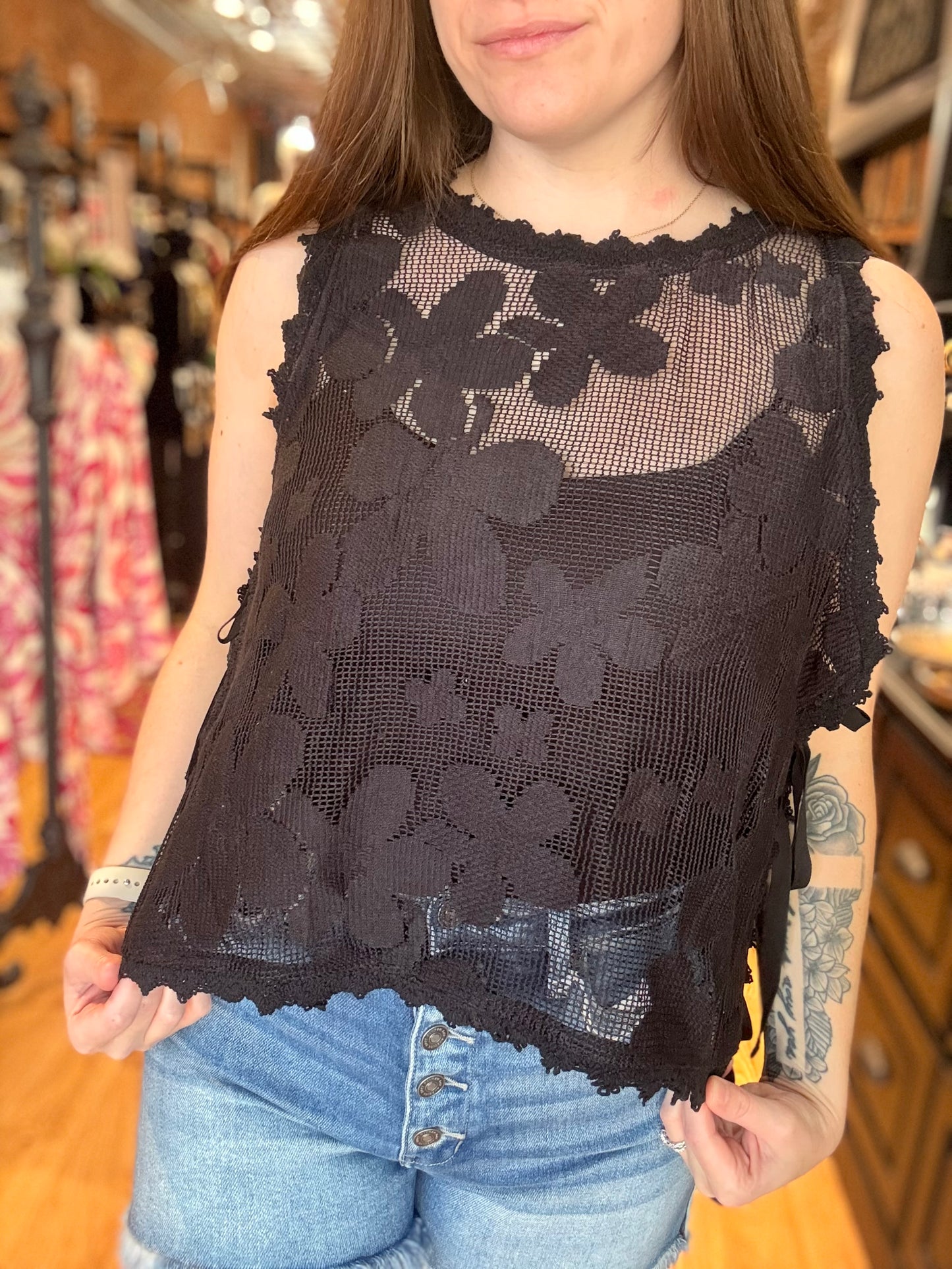 Black Floral Crochet Tank Top