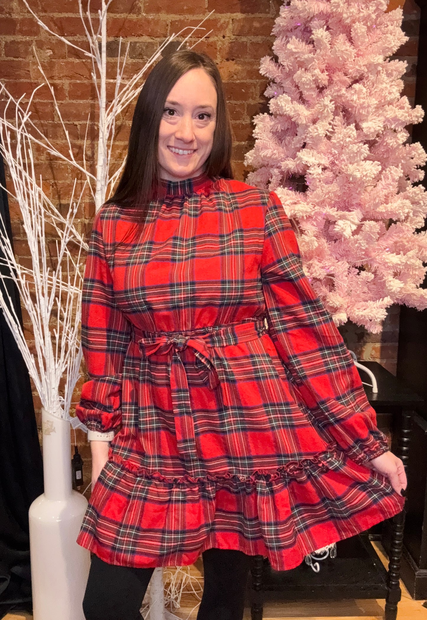 Long Sleeve Red Plaid Ruffle Mini Dress with a Tie Waist and High Neckline