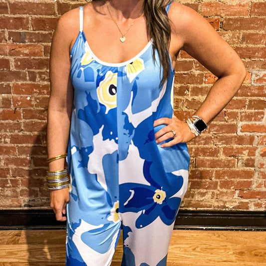 Blue Floral Sleeveless Jumpsuit