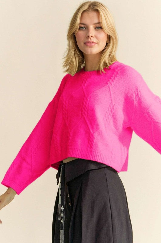Fuchsia Cropped Long Sleeve Caple Knit Sweater