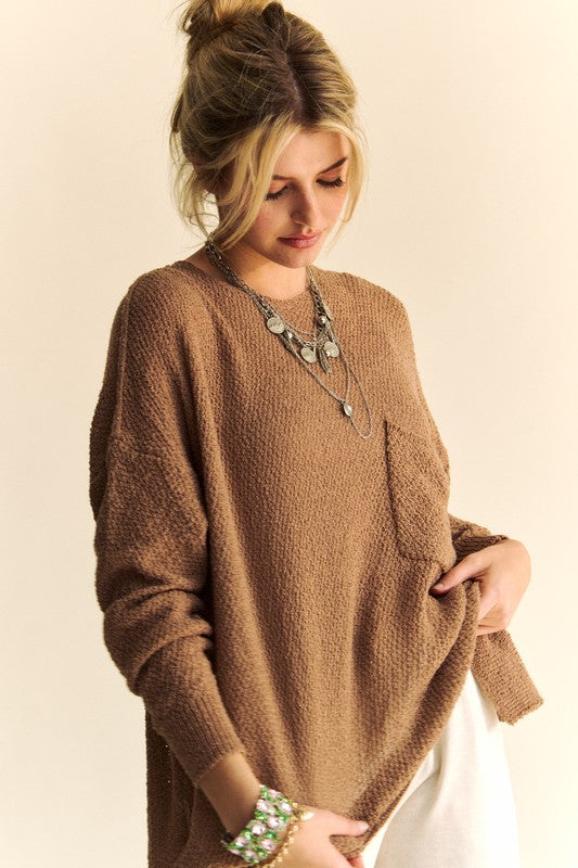 Brown Relaxed Fit Long Sleeve Sweater with Breast Pocket