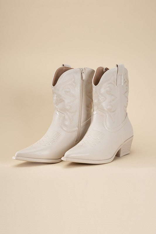 Ivory Western Booties Tapered Toe and Block Heel
