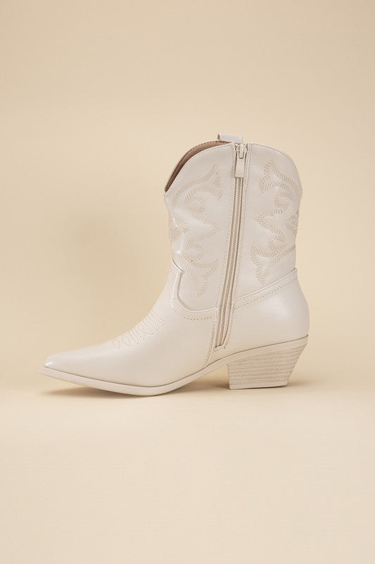 Ivory Western Booties Tapered Toe and Block Heel