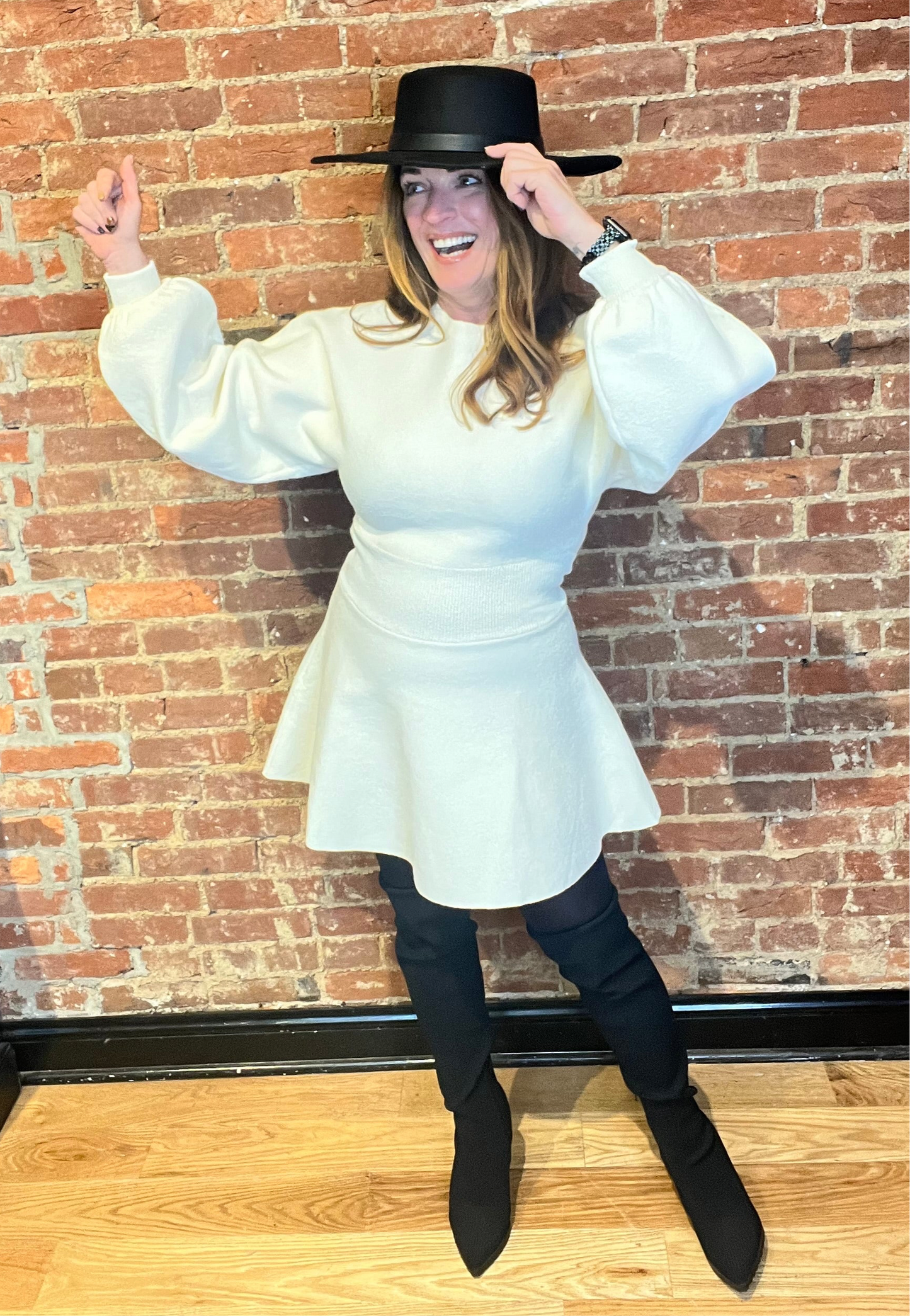 Cream Balloon Sleeve Mini Sweater Dress