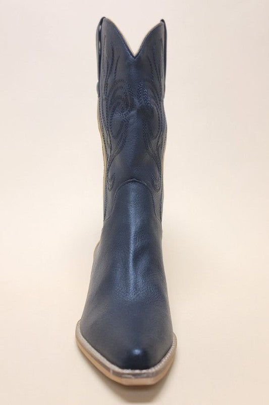 Blue/Tan Western Boots Imitation Leather Shaft Height 10.5" and Heel Height 2"