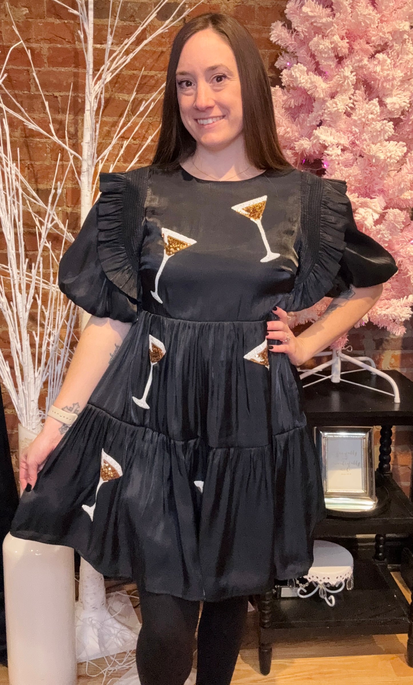 Black Mini Dress with Ruffled Puff Sleeves and Sequin Martini Glasses