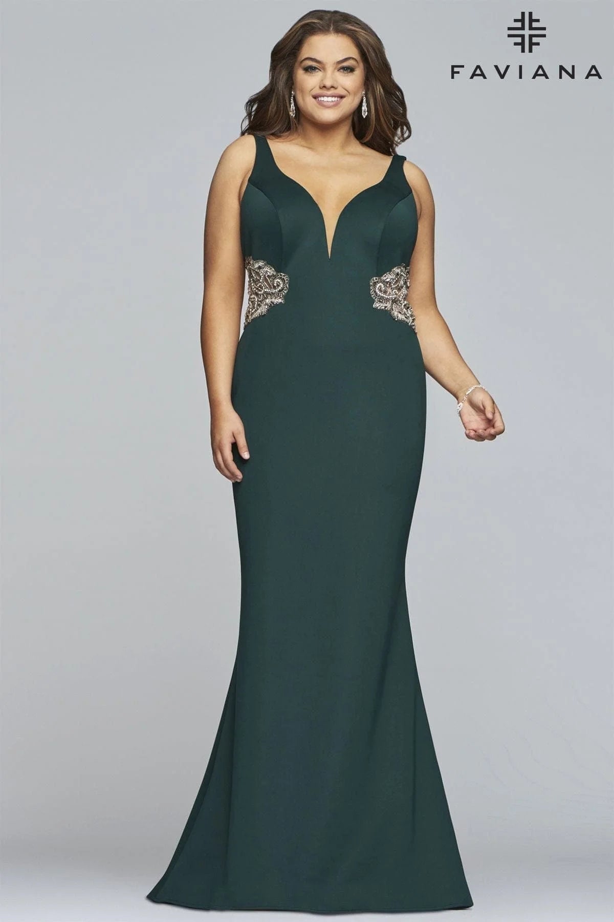 Dark green long v-neck neoprene dress with beaded side illusion