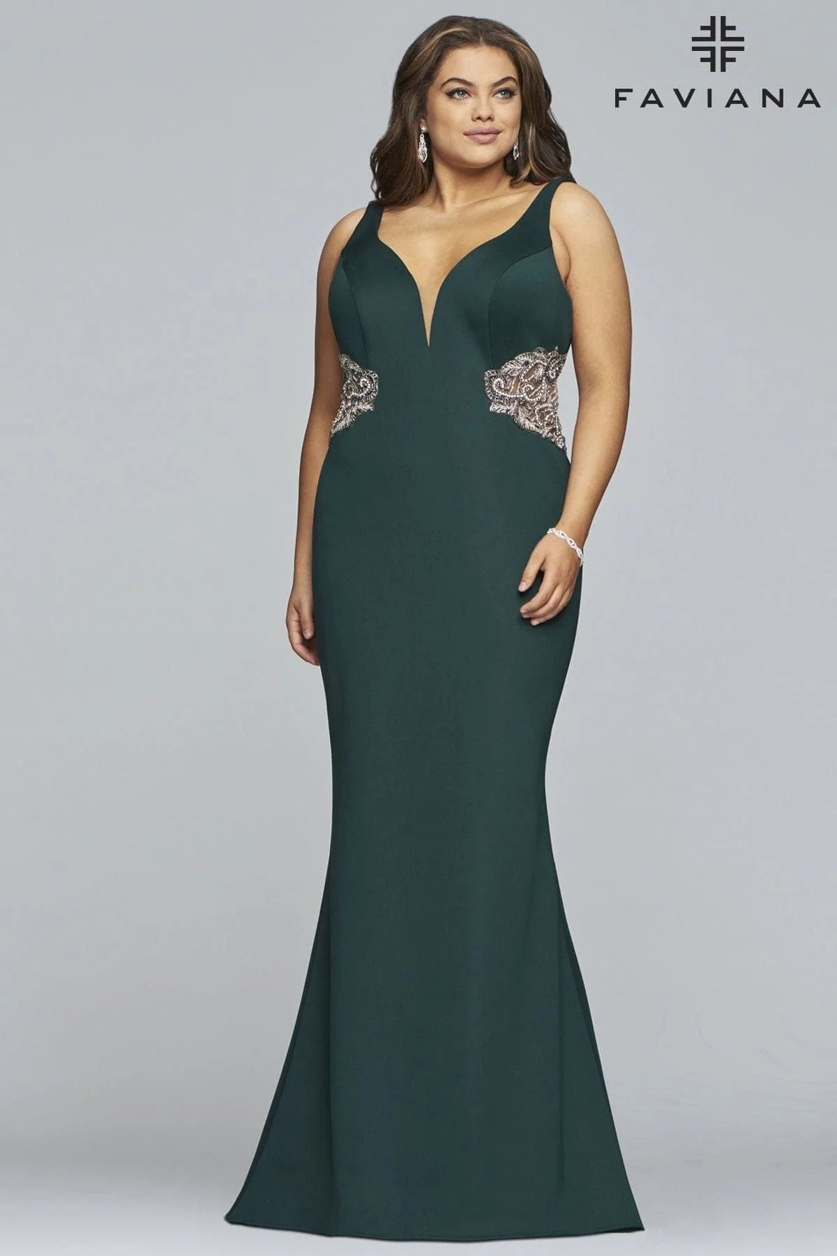 Dark green long v-neck neoprene dress with beaded side illusion