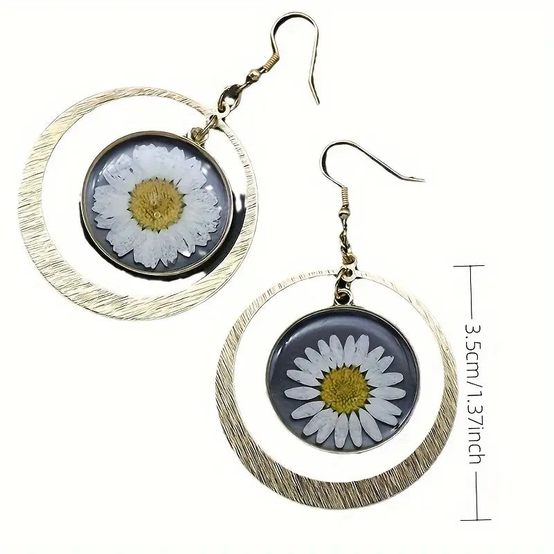 Gold Dangle Earrings with Daisy Mosaic Resin Accent