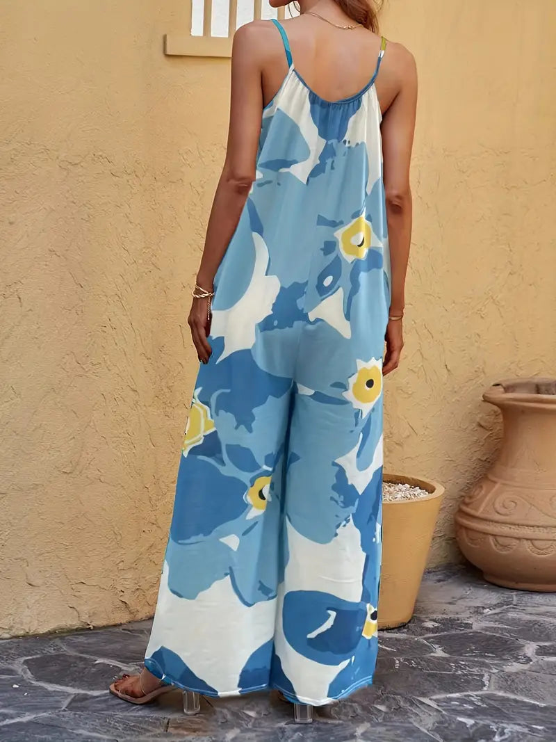 Blue Floral Sleeveless Jumpsuit