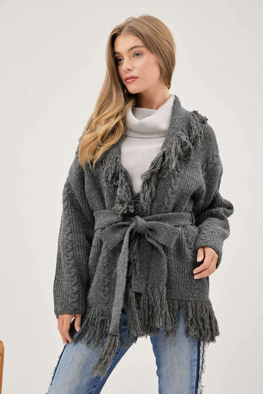 Grey Fringe Tie Belt Knit Cardigan 