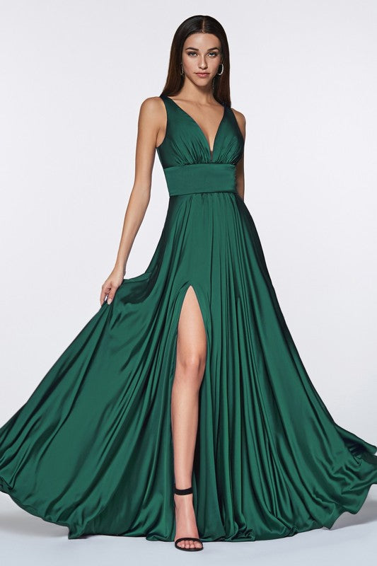 Emerald Prom Dress Flowy Satin A-Line with Leg Slit, Open Back, and V-neckline