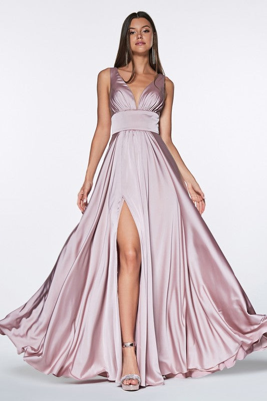 Mauve Prom Dress Flowy Satin A-Line with Leg Slit, Open Back, and V-neckline