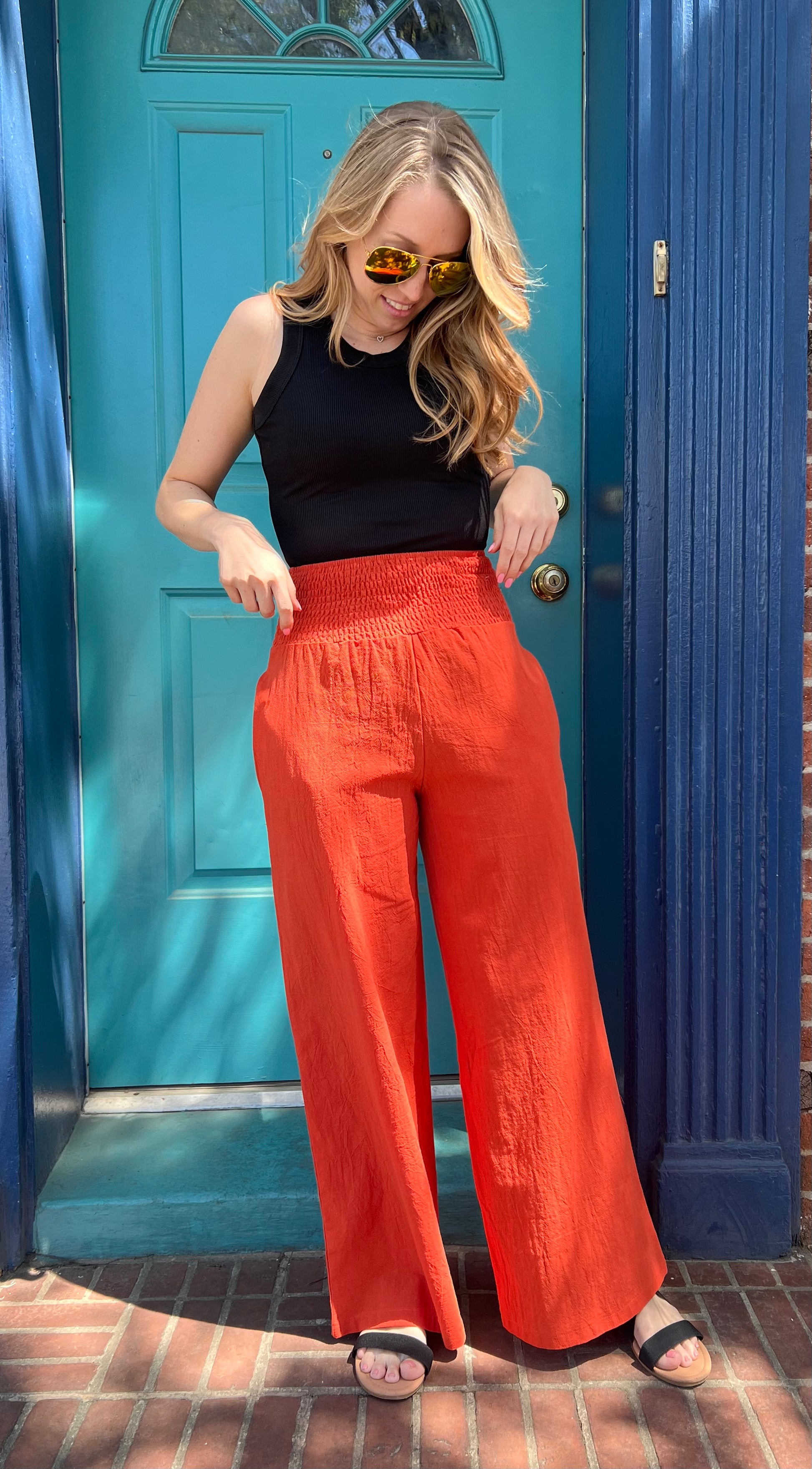 Coral Wide Leg Linen Pants with Pockets