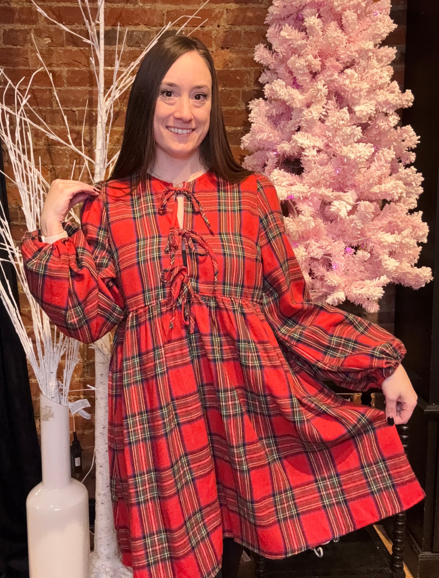 Long Sleeve Red Plaid Mini Dress with Tie Closures in the Front