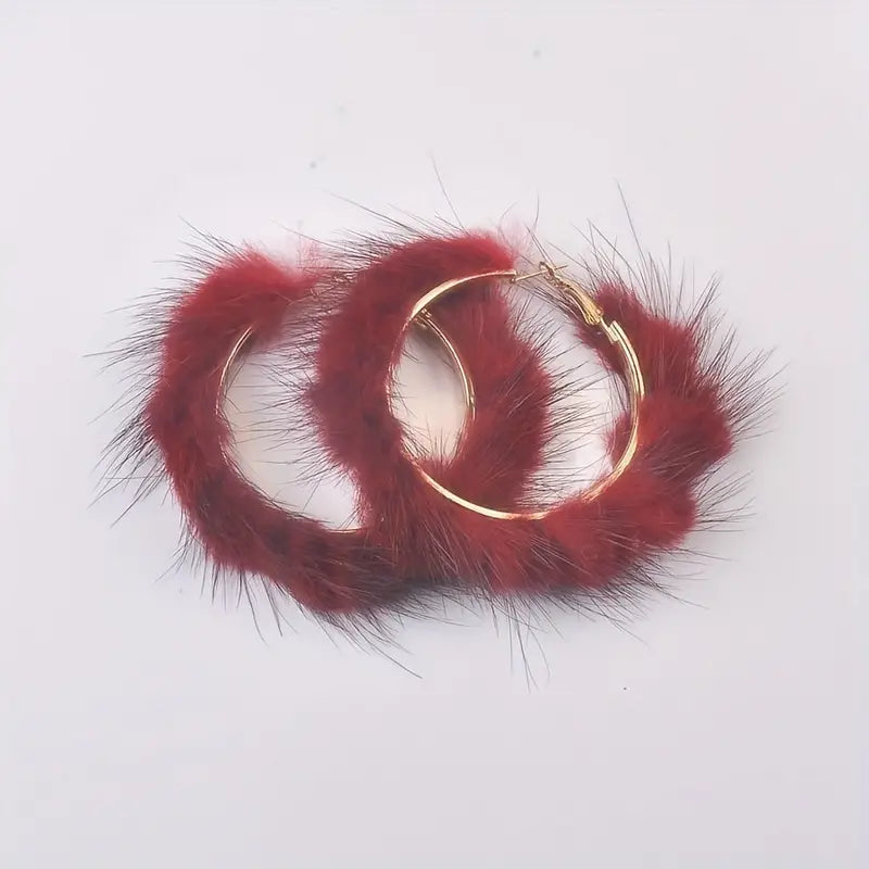Red Faux Fur Hoop Earrings